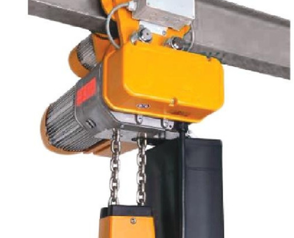 Electric chain hoist supplied by GS Tool & Components, mounted on a rail with pendant control