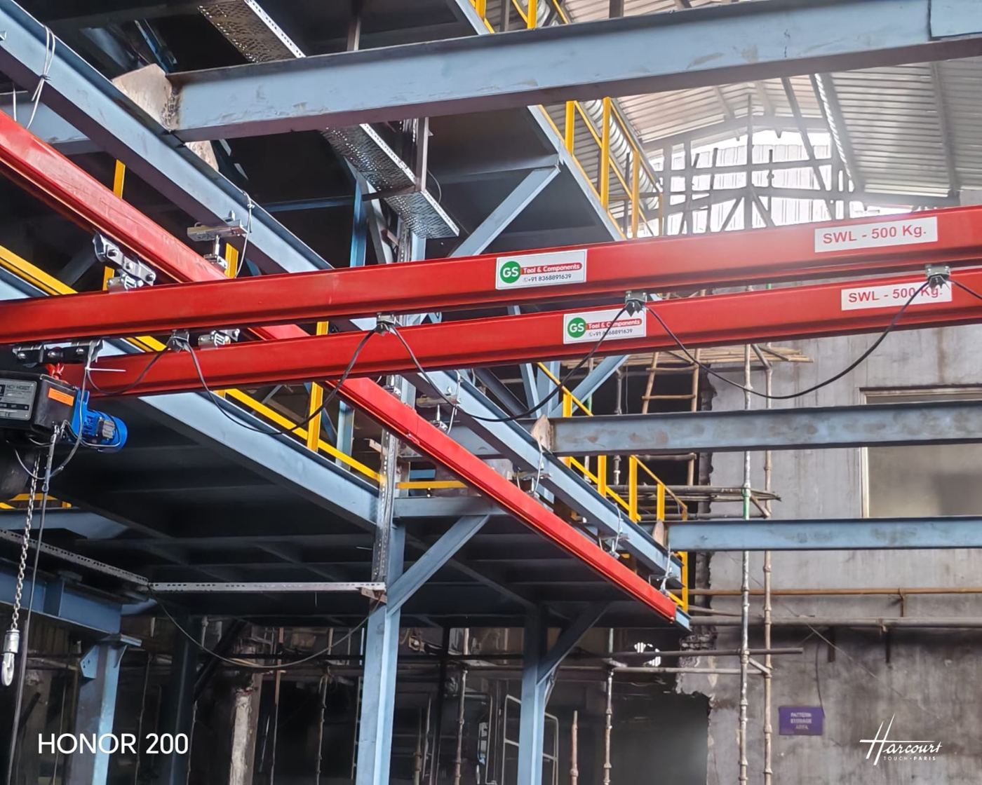 Close-up of GS Tool & Components branded steel rail beams rated SWL 500 Kg